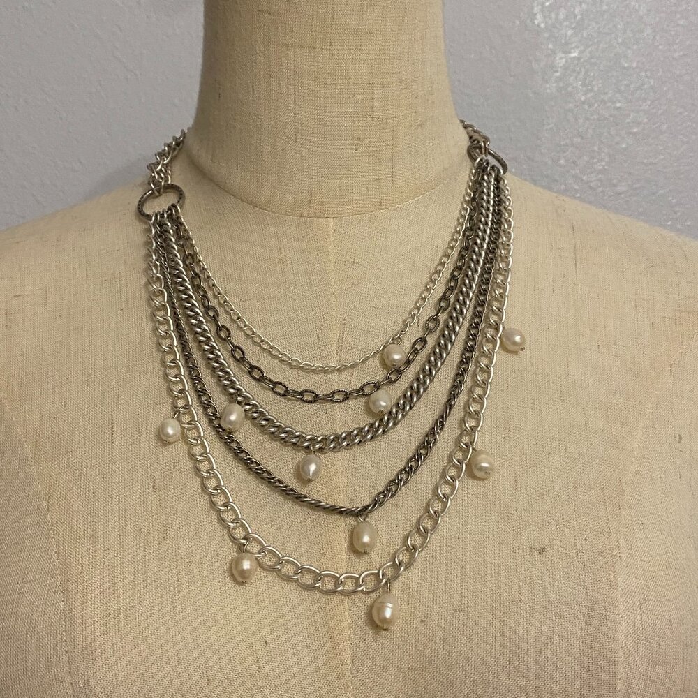 Stella & Dot Chain & Pearls Multi-strand Necklace Silver
